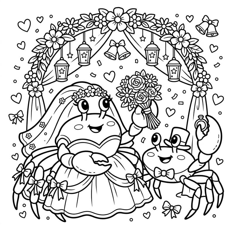 Dive into a charming celebration with our ghost crab wedding coloring page! This delightful scene features a happy crab couple ready to say 'I do,' surrounded by festive wedding details perfect for young artists.
