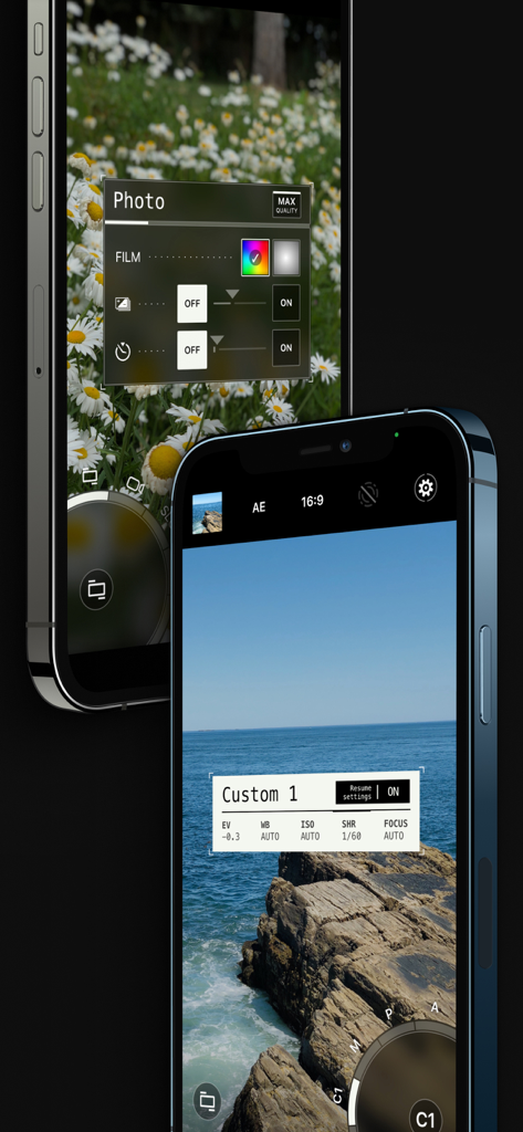 ProShot - ProShot mobile app interface with professional manual camera controls and custom photography settings.