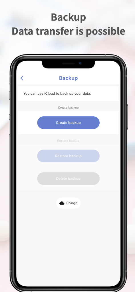 Cute Pill Reminder - Cute Pill Reminder app backup screen showing options for iCloud data transfer and restoration