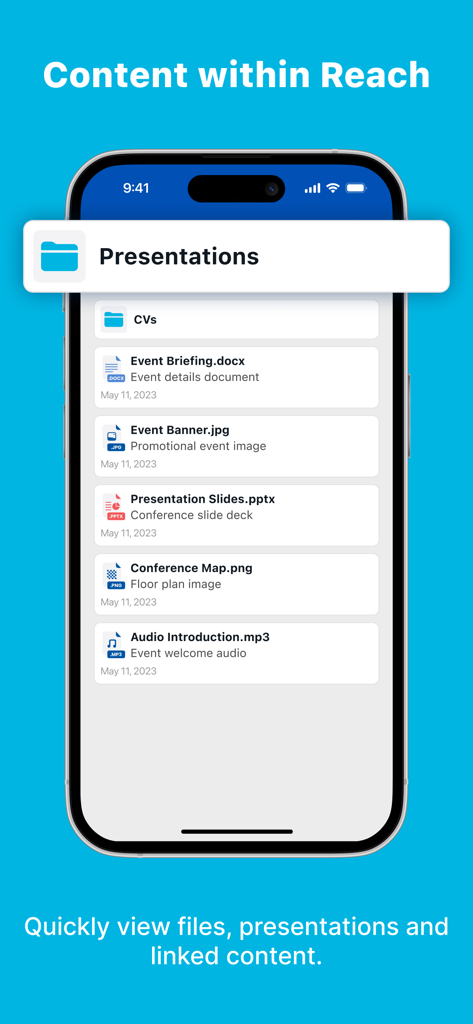 ICPC - Smartphone screen displaying the ICPC app file viewer with documents and presentations