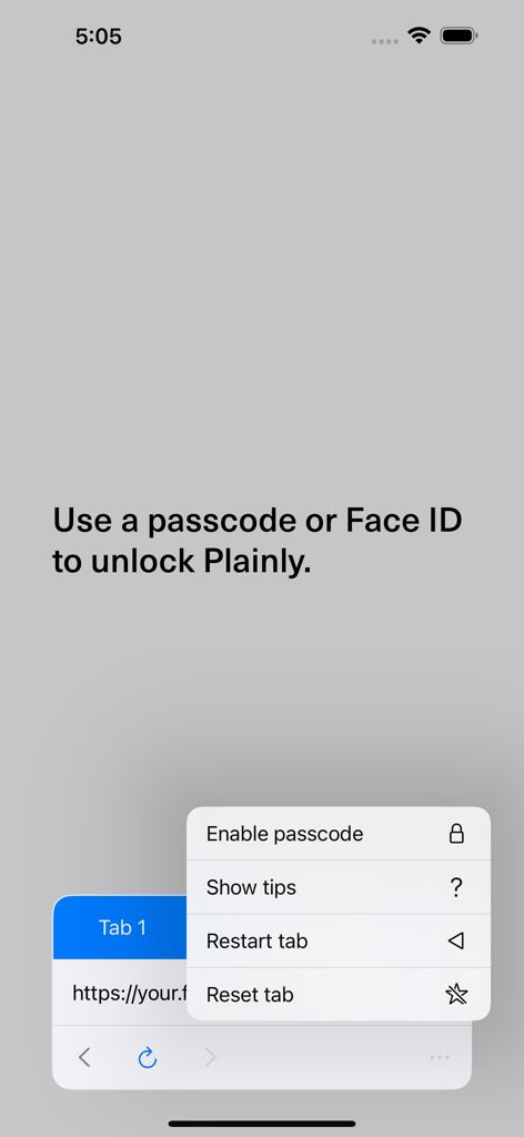 Plainly - Full Screen Browser - Plainly browser lock screen with passcode and Face ID unlock prompt