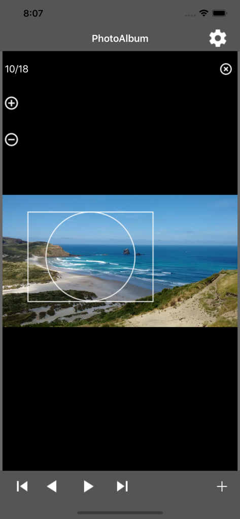 Interface of the Photo Album Watch Face app showing a beach photo being cropped for a smartwatch display.