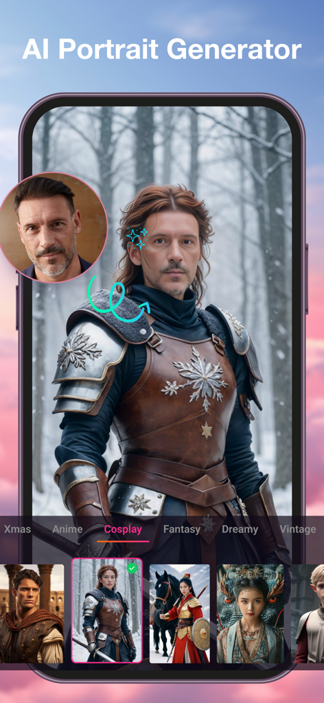 AI Brushmind: Photo Magic - AI portrait generator feature showing a photo transformation into a knight cosplay