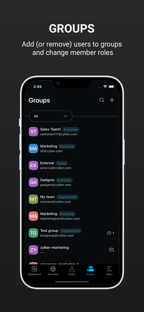 Interface do aplicativo móvel Zoho Mail Admin mostrando o gerenciamento de grupos e as funções dos membros