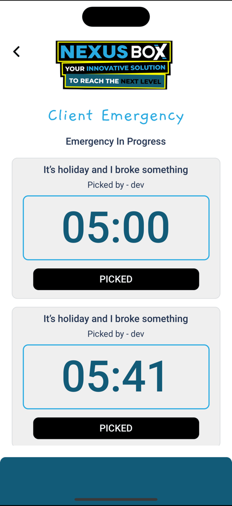 Nexus Box Client Emergency - Nexus Box app interface showing active emergency status with response timers and developer assignments