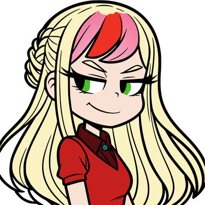 a girl with long hair, smirk on face