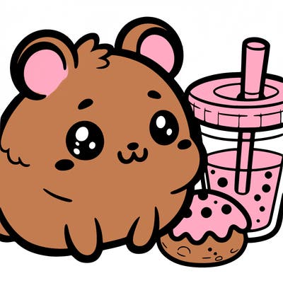 a hamster with a cute boba next to a cute cookie