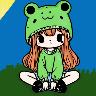 a girl wearing a frog hat and some frog socks