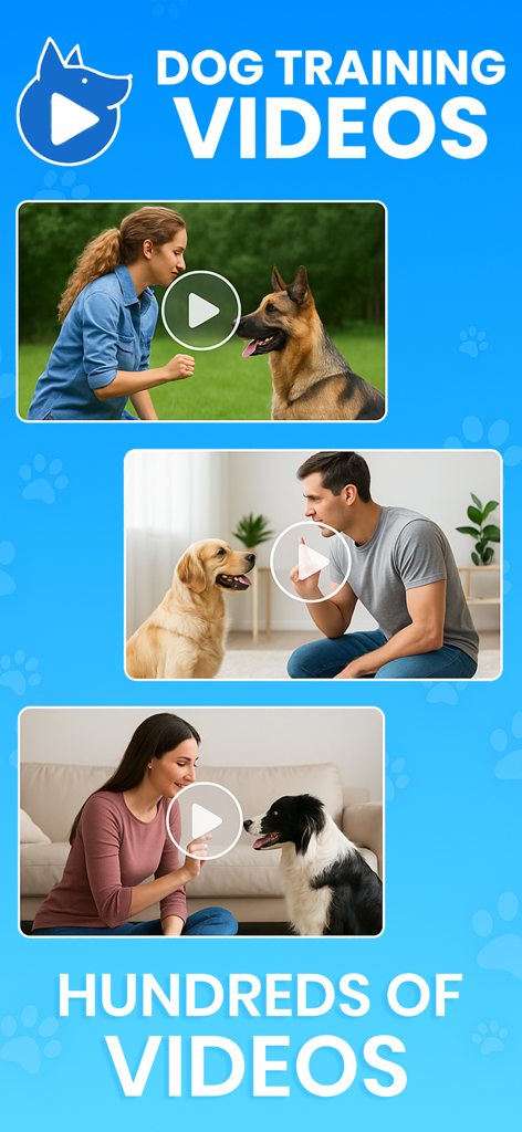 Mobile app screen showing a library of dog training video tutorials for various breeds