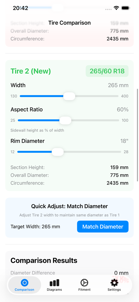 ホイール＆タイヤのマッチングアプリのインターフェース。幅、アスペクト比、リム径のスライダーを使用したタイヤ仕様の比較を表示。