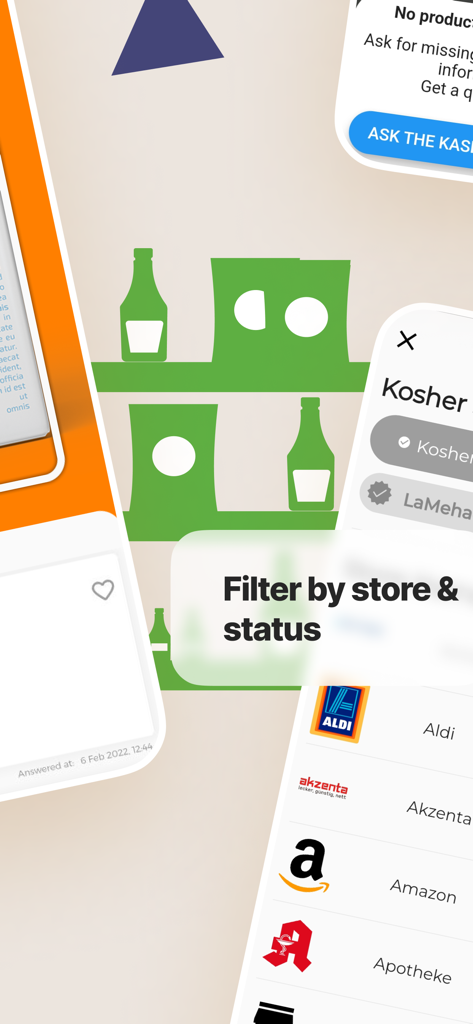 KosherScan App - Interface do aplicativo KosherScan mostrando opções para filtrar produtos por loja e status kosher