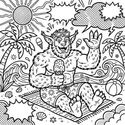 Get ready for a unique coloring experience with this Pop Art Bugbear enjoying a vibrant summer vacation. This page combines bold graphic elements with the laid-back joy of a sunny beach day.