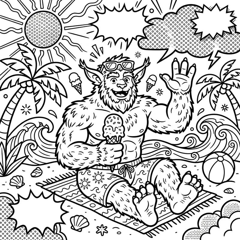 Get ready for a unique coloring experience with this Pop Art Bugbear enjoying a vibrant summer vacation. This page combines bold graphic elements with the laid-back joy of a sunny beach day.