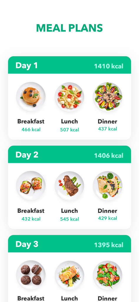 Meal plans with daily calorie counts for breakfast lunch and dinner