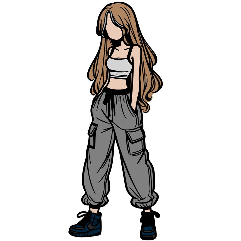 girl in baggy pants crop top and long hair