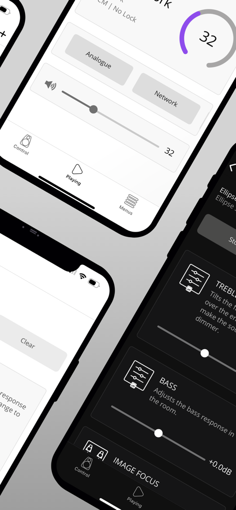 Meridian Control - Meridian Control app interface showing volume levels and precision audio adjustments for bass and treble