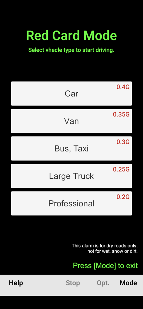 G-Bowl - G-Bowlアプリのレッドカードモード画面、車両タイプとGフォース監視制限を選択します。