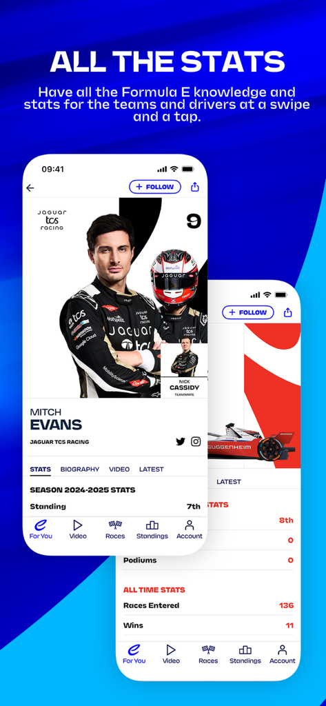 ドライバーのプロフィールとレース統計を表示するフォーミュラEモバイルアプリ