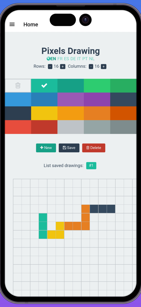 Sketchbook Drawing - Una pantalla de creación de pixel art en la aplicación Sketchbook Drawing con una cuadrícula de dieciséis por dieciséis y una paleta colorida