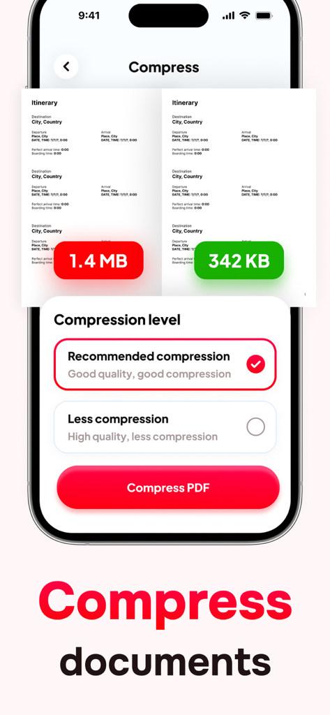 ファイルサイズを1.4 MBから342 KBに縮小するためのPDF圧縮オプションを示すスマートフォンの画面