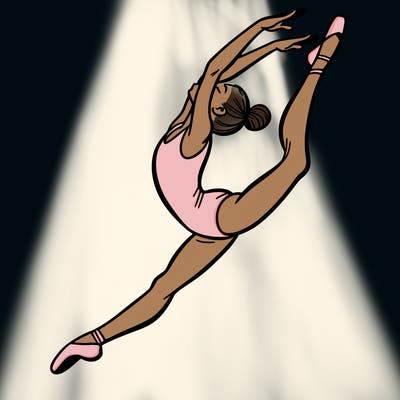 gymnast doing a leap in a leotard with a bent back leg