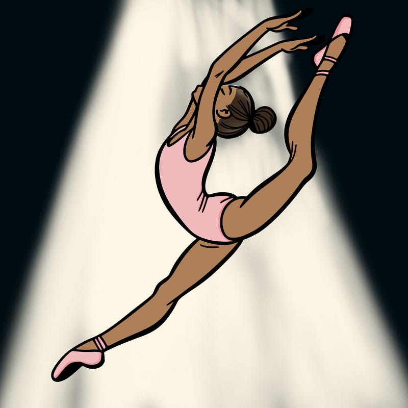 gymnast doing a leap in a leotard with a bent back leg