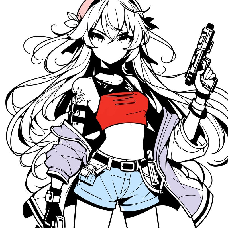bad girl wearing crop top holding a gun long hair anime