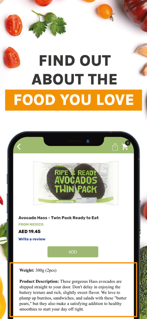 QualityFood: Grocery Delivery - Product page in the QualityFood app showing details and description for fresh avocados.