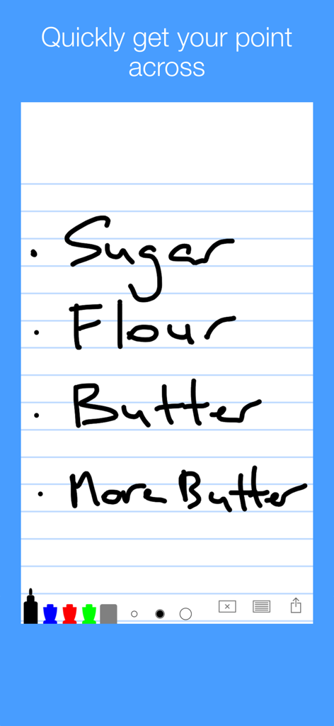 A hand-written grocery list on a simple digital whiteboard app featuring basic drawing tools and a blue header.