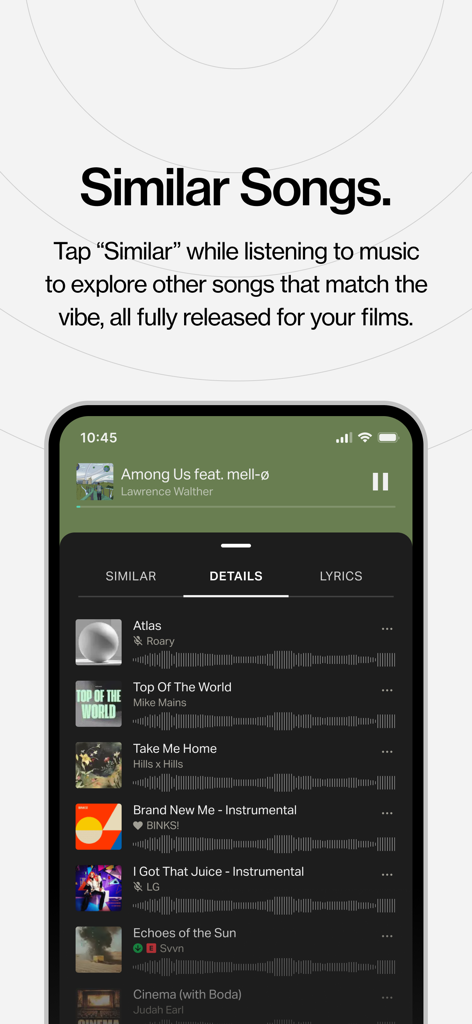 Musicbed app interface showing the Similar Songs feature to help filmmakers find tracks that match a specific vibe.