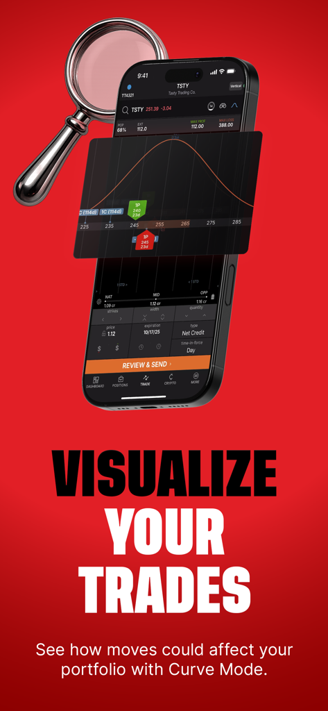 Tastytrade app interface showcasing the Curve Mode feature for visualizing trade probability and portfolio impact.