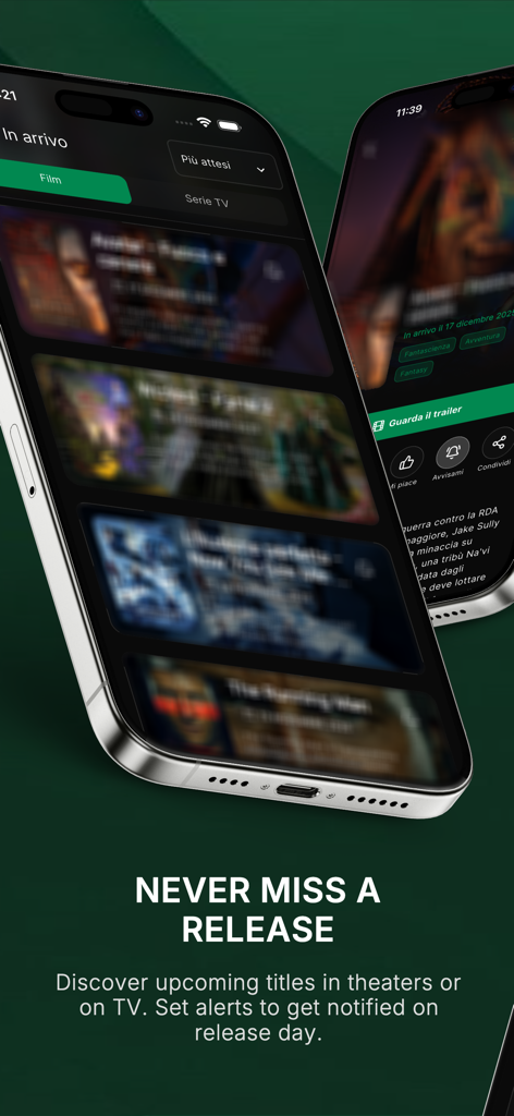 Streaming Community - Smartphone screen displaying upcoming movie releases and notification settings in the Streaming Community app