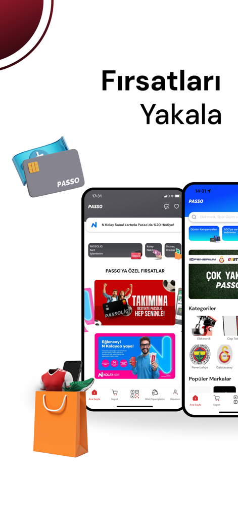 Passo - Zwei Mobiltelefone, die die Passo-App-Oberfläche mit Bereichen für Shopping, Fußball-Ticketing und digitale Karten zeigen.