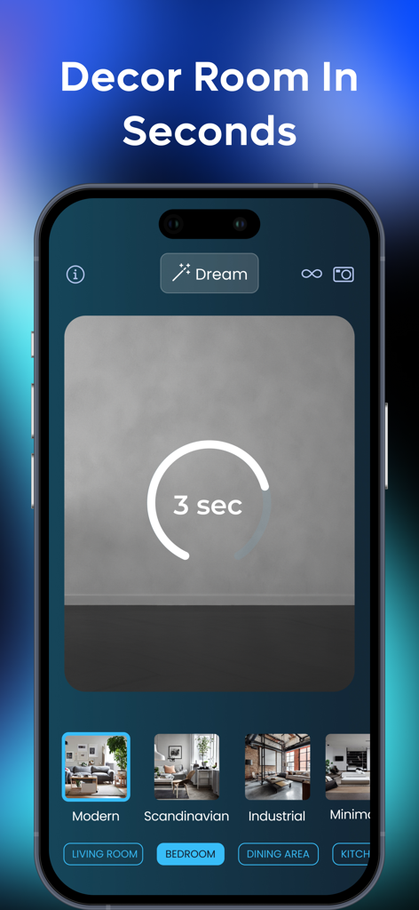 MyRoom AI - Interior Design - MyRoom AI app interface showing room decoration styles and quick transformation feature
