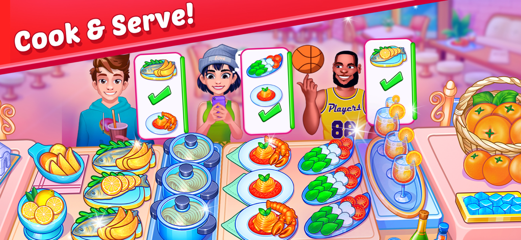 Captura de pantalla de jugabilidad de Cooking Carnival Chef Game mostrando clientes en un mostrador de cocina con varios platos cocinados como pasta y pescado