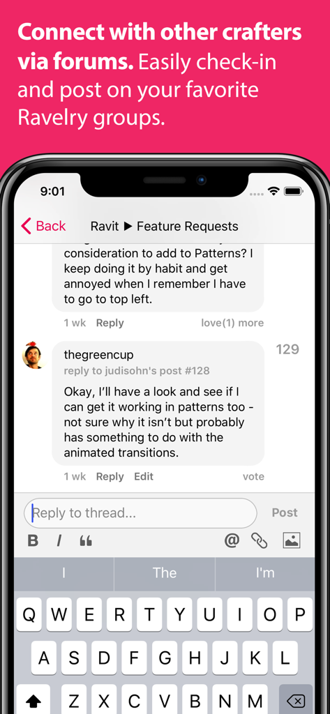 Mobile interface of the Ravit app showing a community forum thread and an open keyboard for replying to a post.