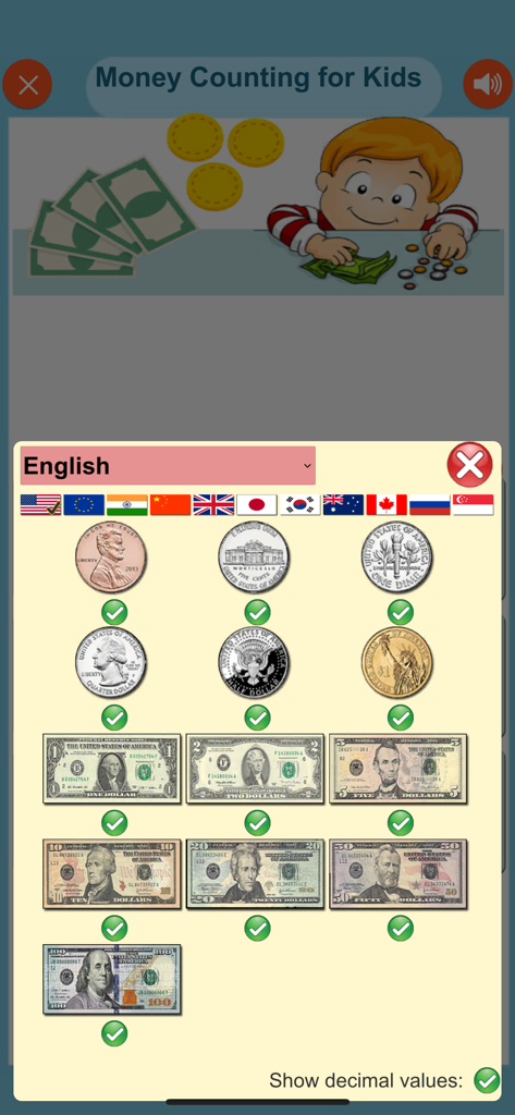 Learn Money Counting - Währungsauswahlbildschirm, der verschiedene US-Münzen und Banknoten für pädagogische Zählübungen zeigt.