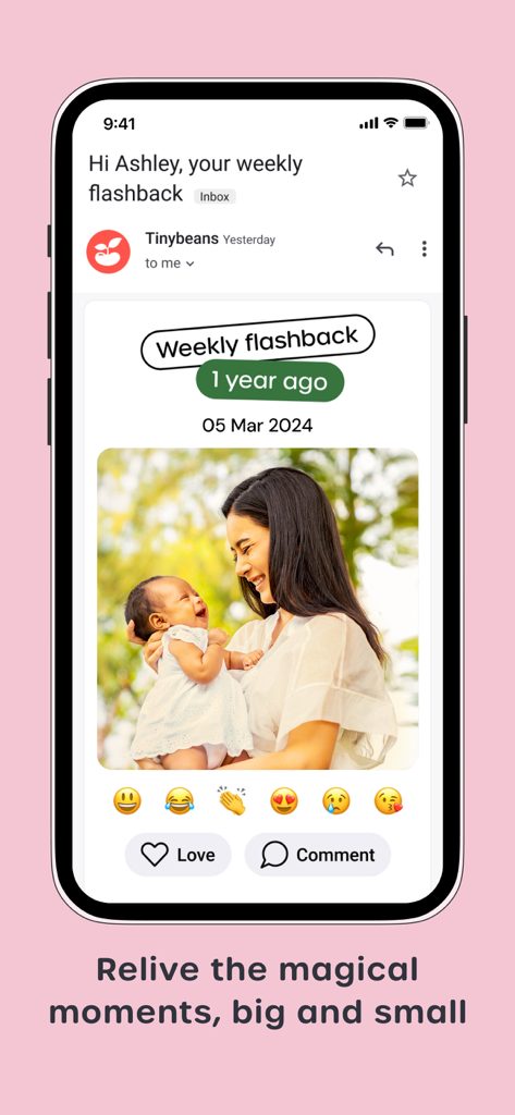 Tinybeans Private Family Album - A smartphone showing a Tinybeans weekly flashback email with a photo of a mother holding her baby