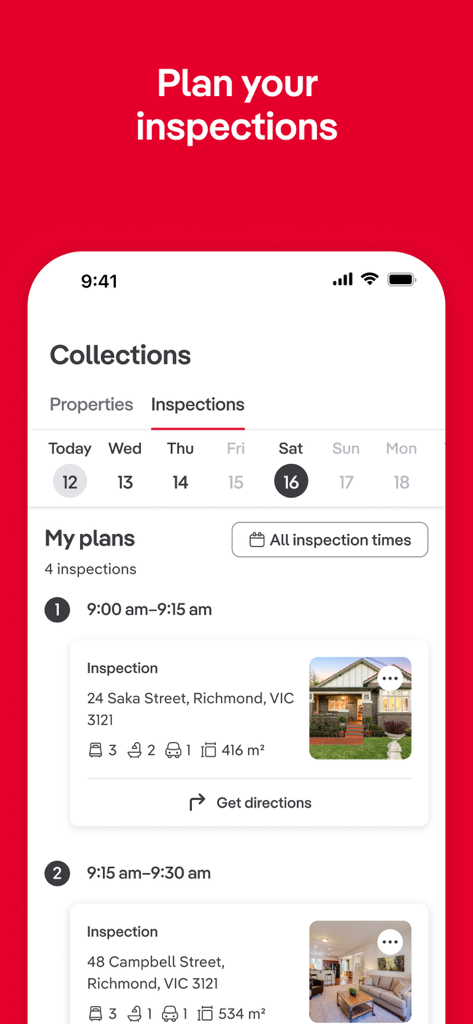 Real estate app screen showing a personalized schedule for property inspections with addresses and times