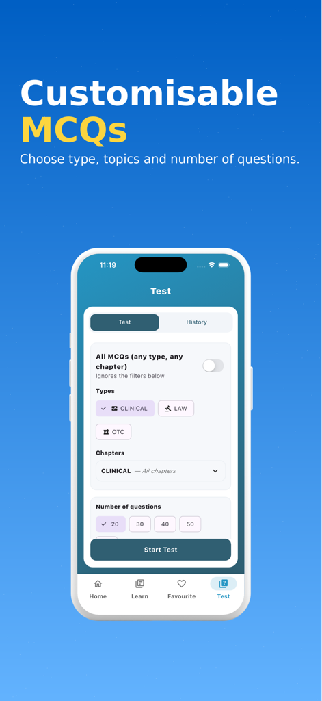 Flash Pharmacy - Flash Pharmacy mobile app interface for customizing multiple choice question tests by category and topic