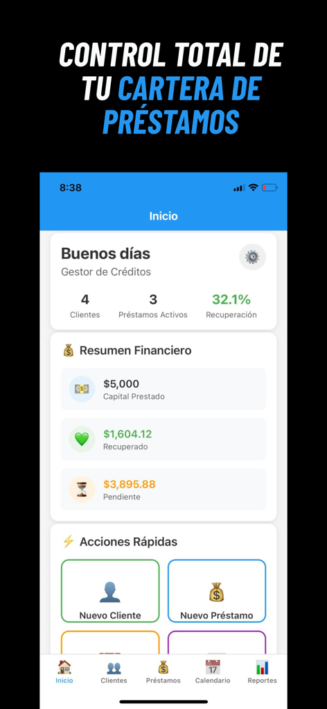 Gestor de Créditos - Panel de la aplicación móvil Gestor de Creditos mostrando un resumen de la cartera de préstamos y estadísticas financieras