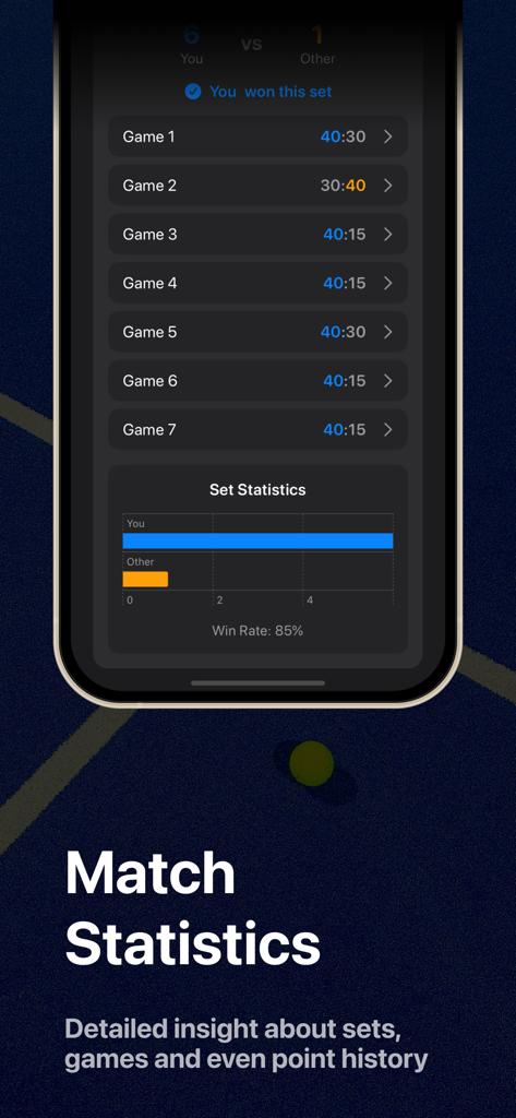 Padel Tracker PadelTick - PadelTick app interface showing detailed match statistics and game by game results