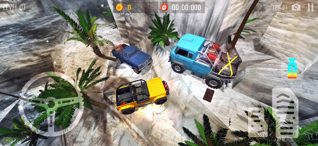 Mountain Climb 4x4 Car Driving - Top down view of three off road vehicles navigating a steep rocky mountain path