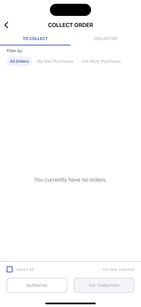 QNET Carnival - Bestellabholbildschirm in der QNET Carnival App mit Kauf Filtern und Status Tabs