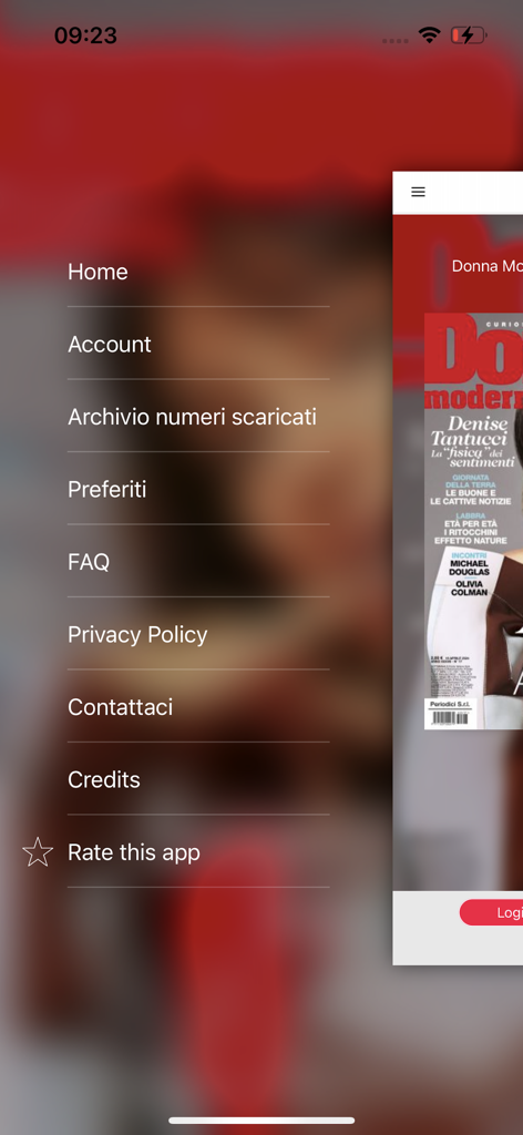 Donna Moderna - Navigation sidebar of the Donna Moderna app showing menu options in Italian such as Home, Account, and Archive