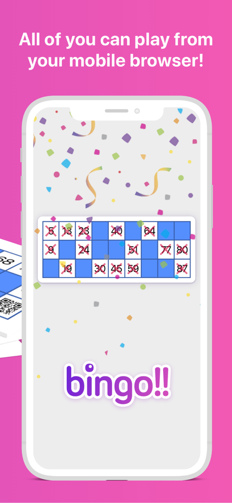 Pantalla de un smartphone que muestra una tarjeta de bingo virtual para jugar a través de un navegador móvil con números tachados y confeti celebratorio.