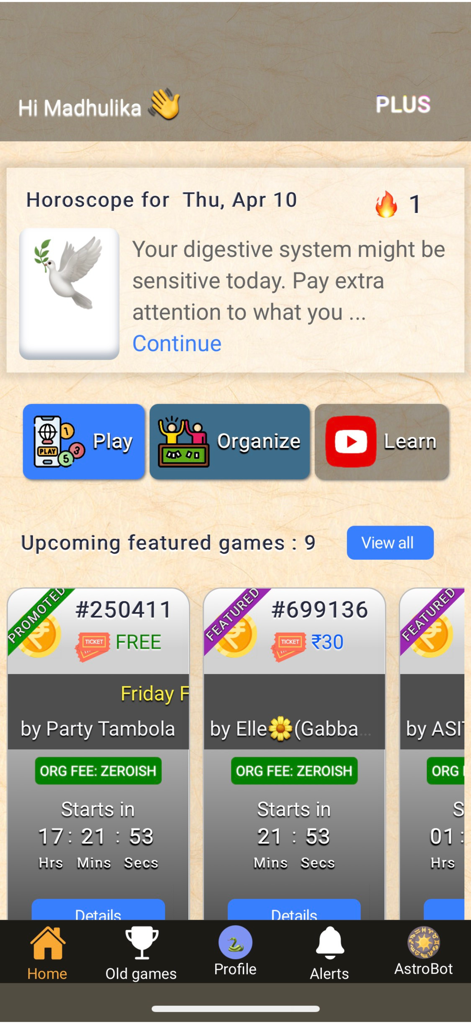 Party Tambola Daily Live Games - Home screen of the Party Tambola app displaying buttons for play and organize along with upcoming featured games and a horoscope card.