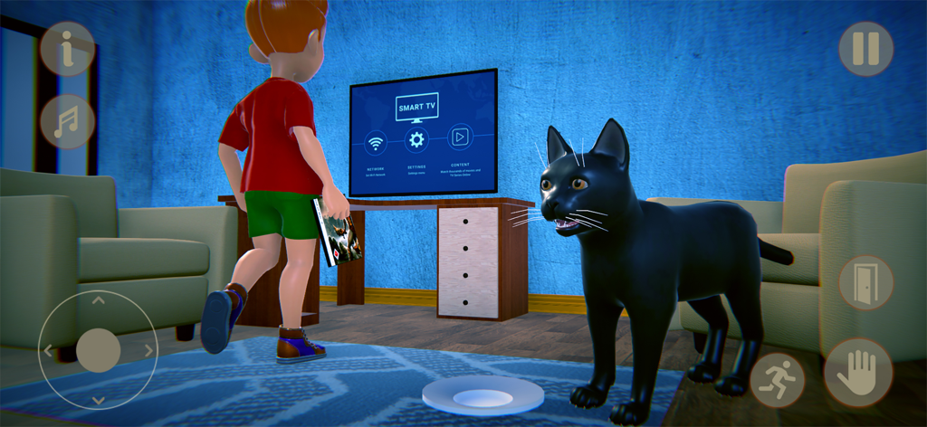 Virtual Scary Cat Simulator 3D - Gameplay of Virtual Scary Cat Simulator 3D featuring a boy and a black cat in a living room