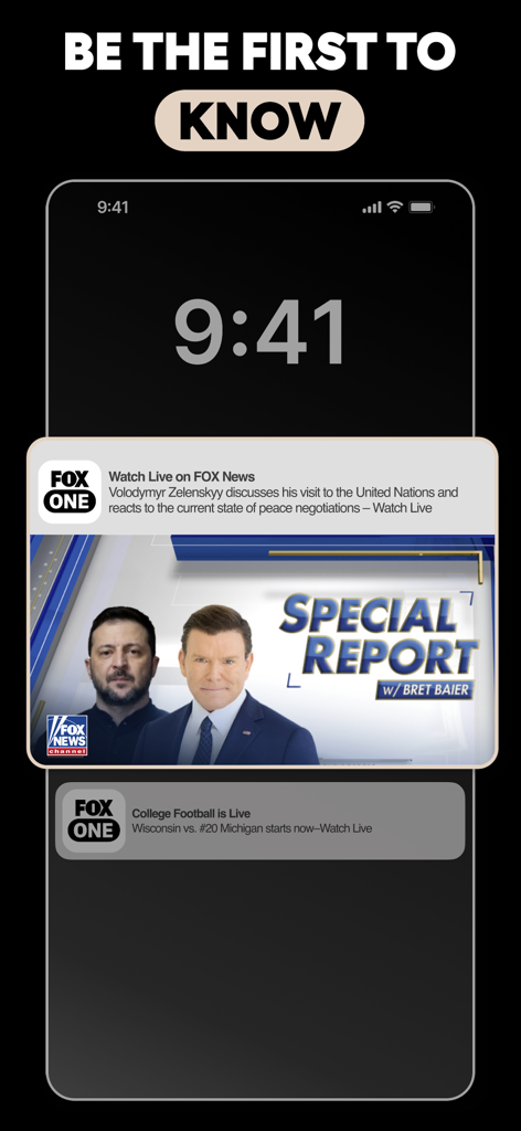FOX One: Live News, Sports, TV - モバイルロック画面。Bret Baierが出演するライブニュースとカレッジフットボールの試合更新に関するFOX Oneアプリの通知が表示されています。