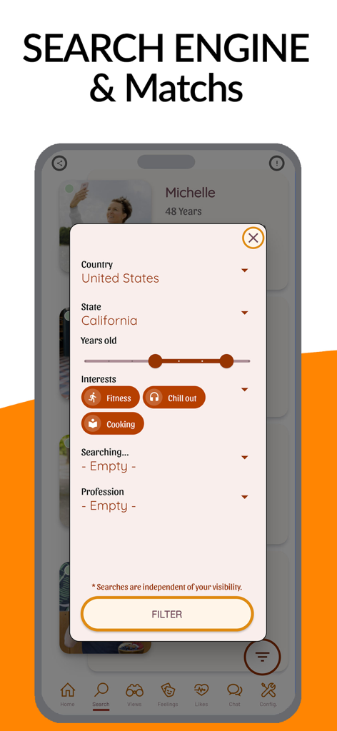 Plus40 - dating and chat. - Search and match filter screen on the Plus40 dating app showing options for location, age, interests, and profession.